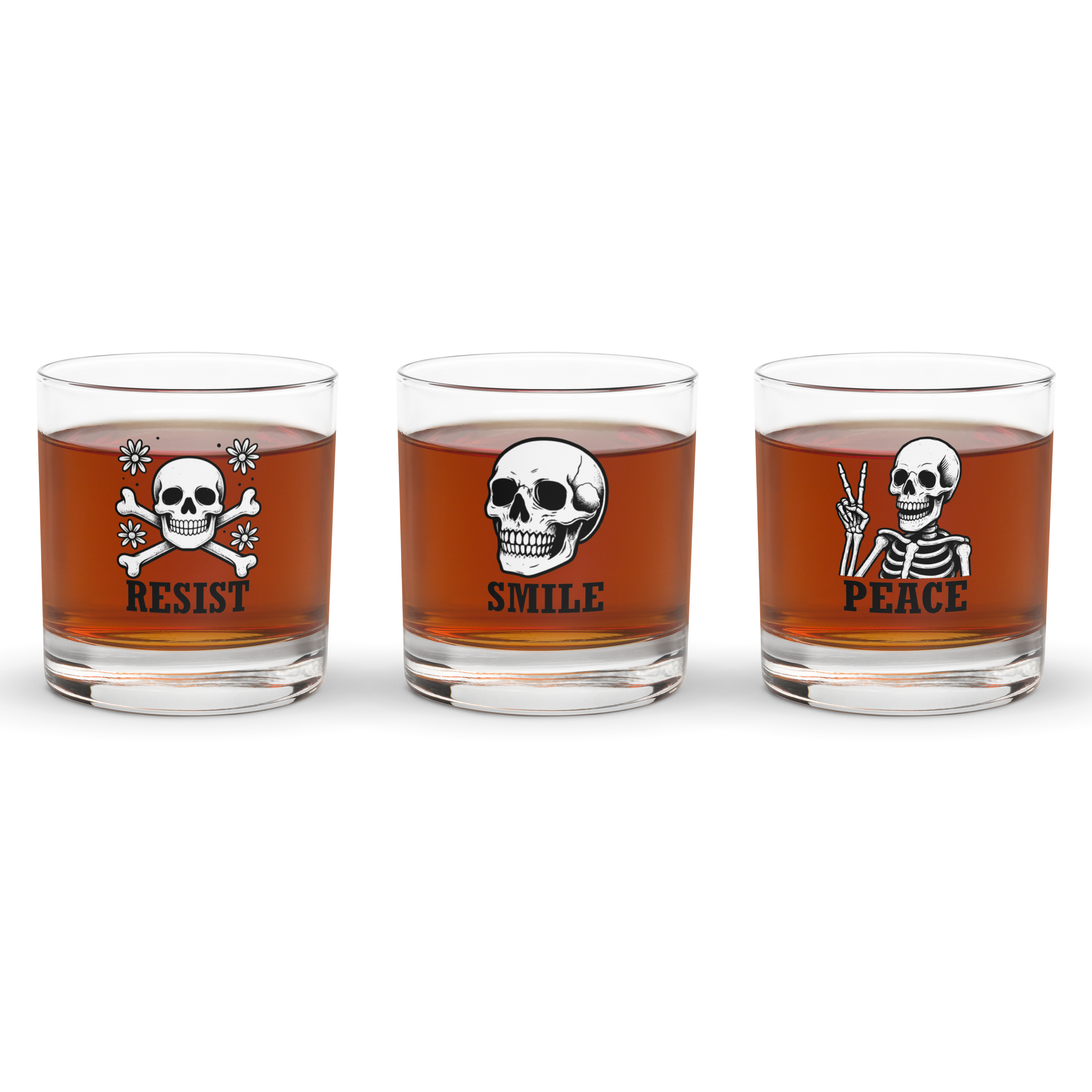 Skull Whiskey Glass Set – 3 Rocks Glasses Peace Resist Smile