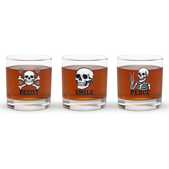 Skull Whiskey Glass Set – 3 Rocks Glasses Peace Resist Smile